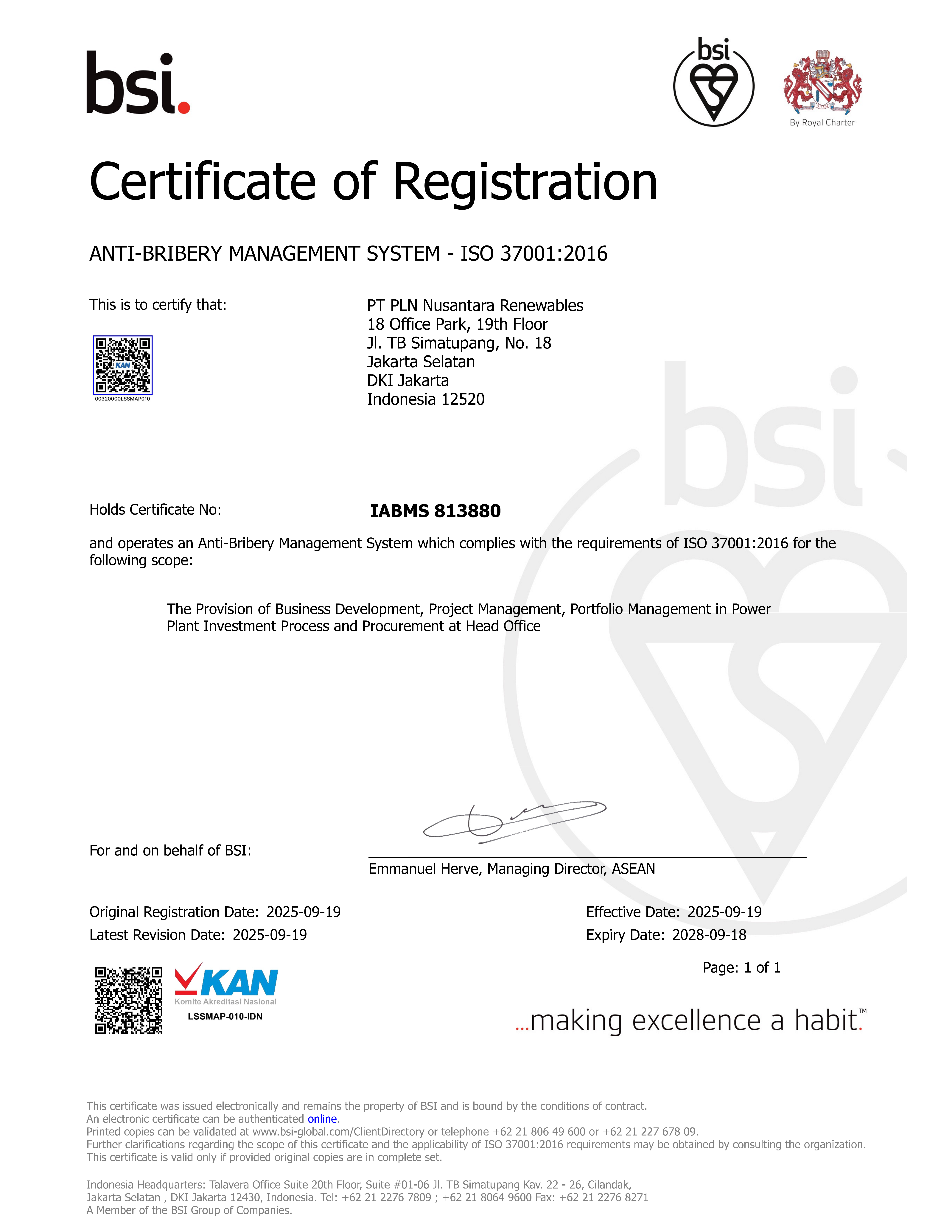 Certificate ISO 37001 : 2016
